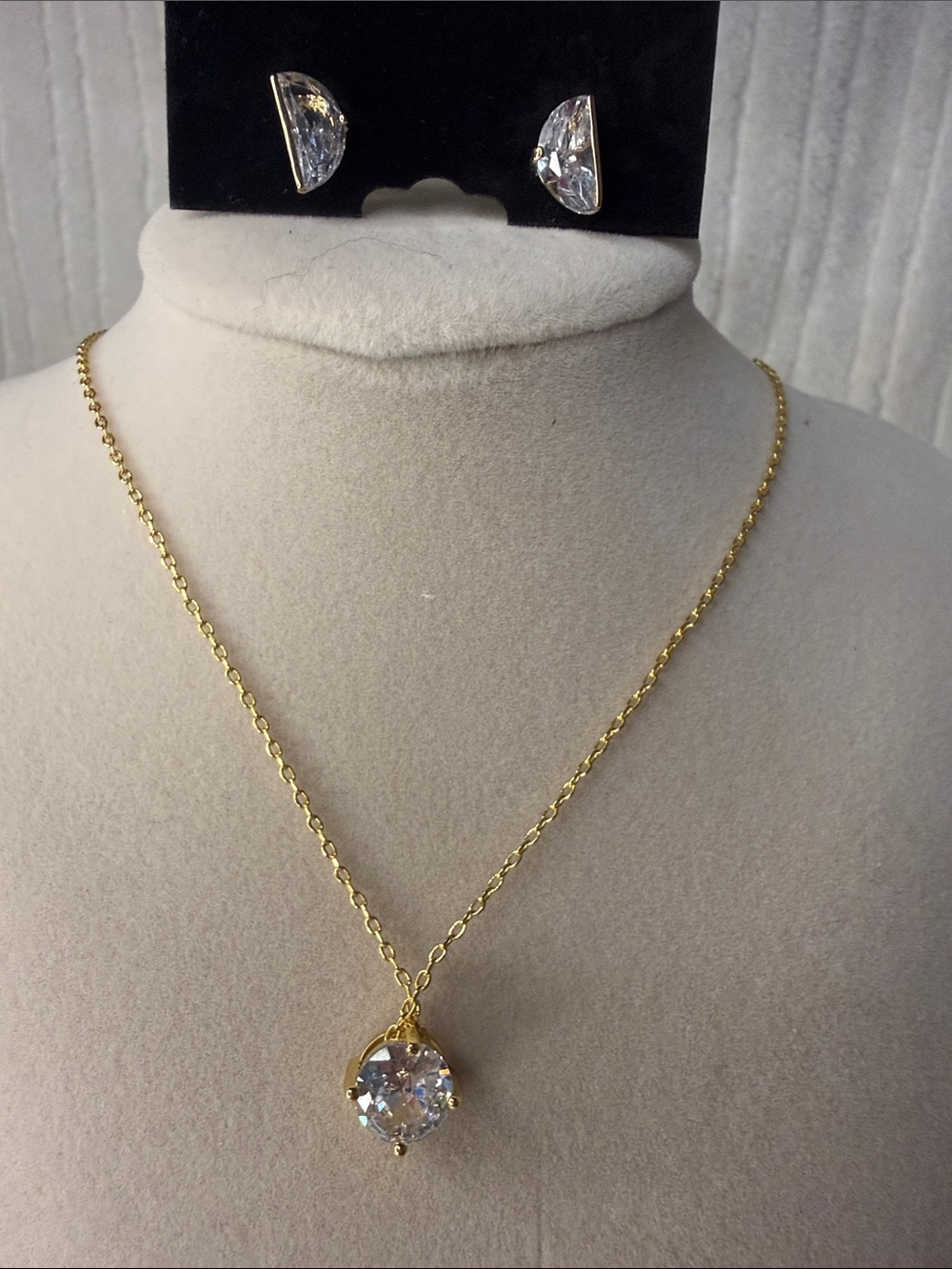 Gold Necklace with Clear Crystal Pendant and Earring Set